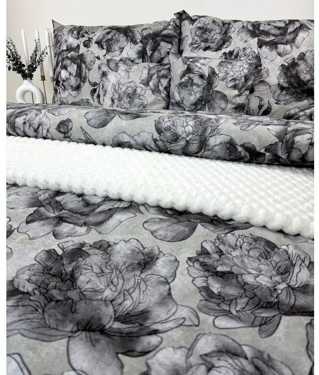 Obliečky Sivé pivónie 140x200 / 70x90 cm – 100% bavlna, elegantný sivý motív pivónií, zips
