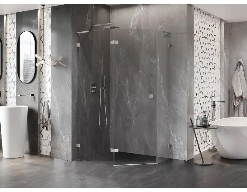 Mexen Lunar, L päťuholníkový sprchový kút naklápací doľava 100 x 90 cm, 8mm číre sklo, oceľový profil, 831L-100L-090P-97-00-L