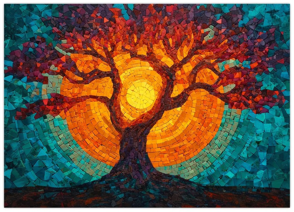 Obraz - Strom života a slnko v mozaike (70x50 cm)