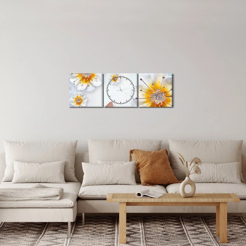 Obraz - Kompozícia s kvetmi a motýľmi (s hodinami) (90x30 cm)