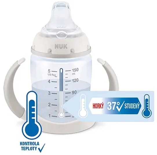 NUK Dojčenská fľaša na učenie NUK Medvedík Pú s kontrolou teploty 150 ml sivá