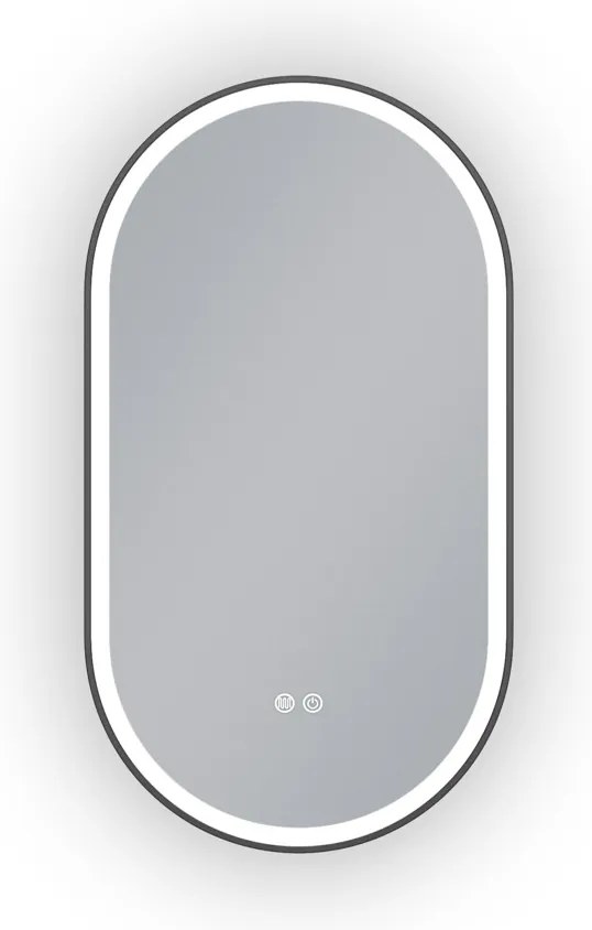 Erga Gwen, oválne LED zrkadlo 50x90cm v čiernom kovovom ráme, 3 farby svetla, predné osvetlenie, vyhrievacia podložka proti zapareniu, ERG-V01-GWEN-5090-BK