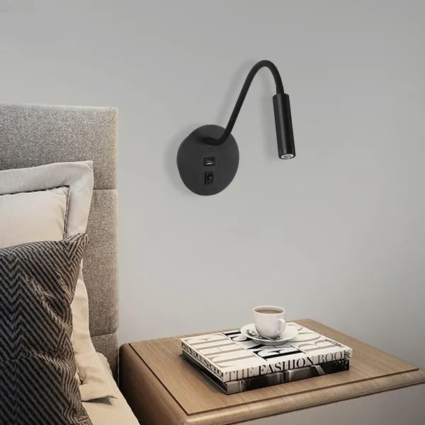 Brilagi - LED Flexibilná nástenná lampa s USB portom MAYA LED/3W/230V čierna