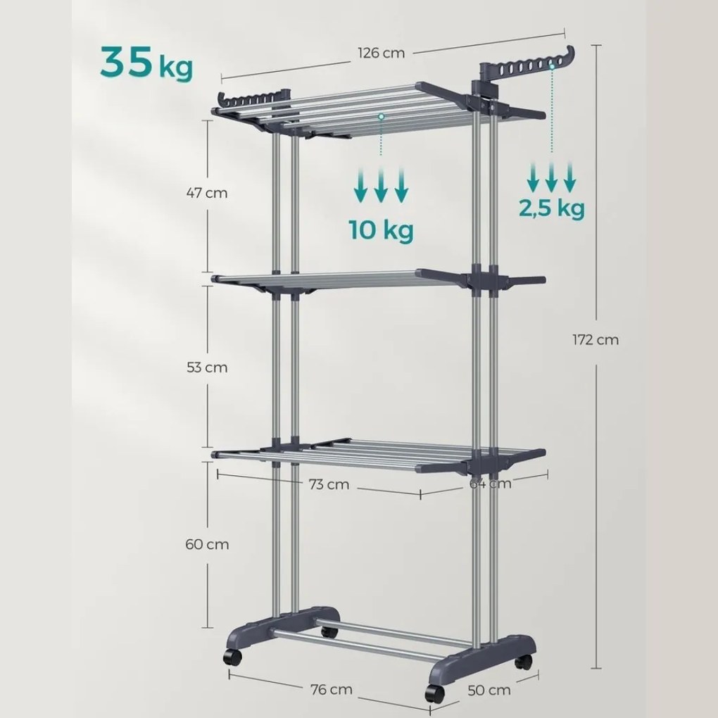 Sušiak na bielizeň ELTON so 4 úrovňami na kolieskach, 76x172x50cm, šedá SongmicsHome