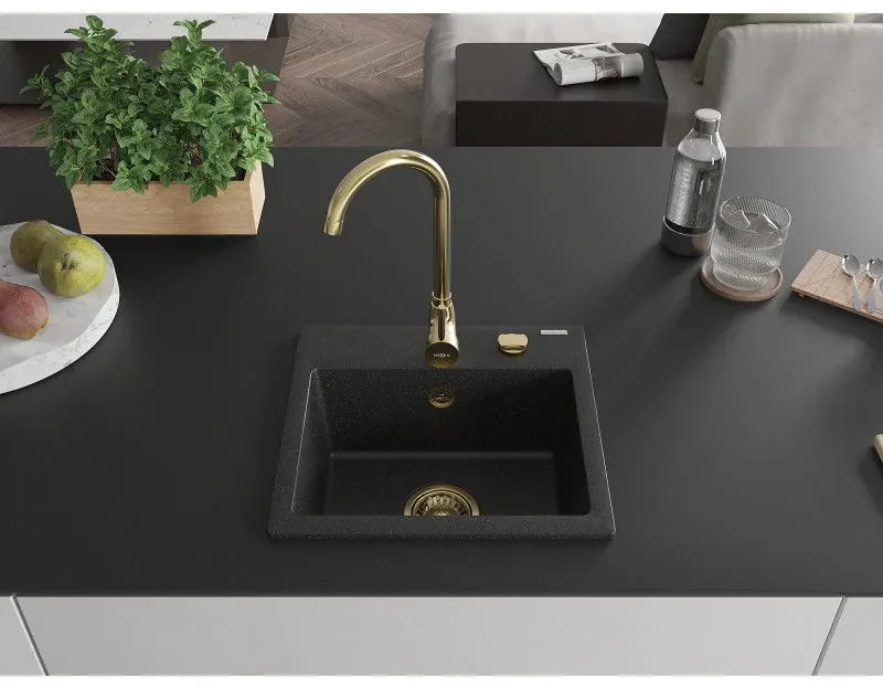Mexen Milo, 1-komorový granitový drez 435x410x171 mm a zlatá batéria Telma, čierna-strieborná metalíza, 6505-73-670200-50