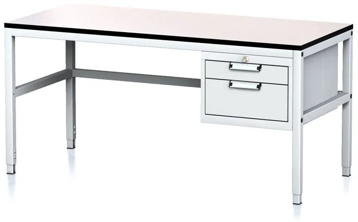 Nastaviteľný dielenský stôl MECHANIC II, 2 zásuvkový box na náradie, 1600x700x745-985 mm, sivá/sivá