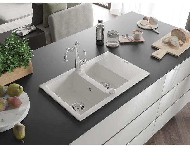 Mexen Gaspar, granitový drez 752x436x161 mm, 1,5-komorový a drezová batéria Carla, biela, 6507-20-670700-00