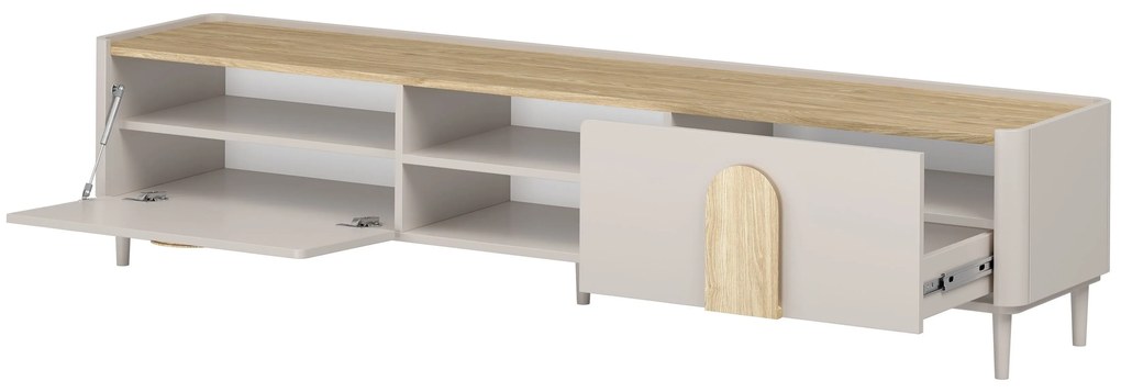 TV stolík Amilio 220 cm so zásuvkou - kašmír / olejovaný dub / úchytky svetlý dub