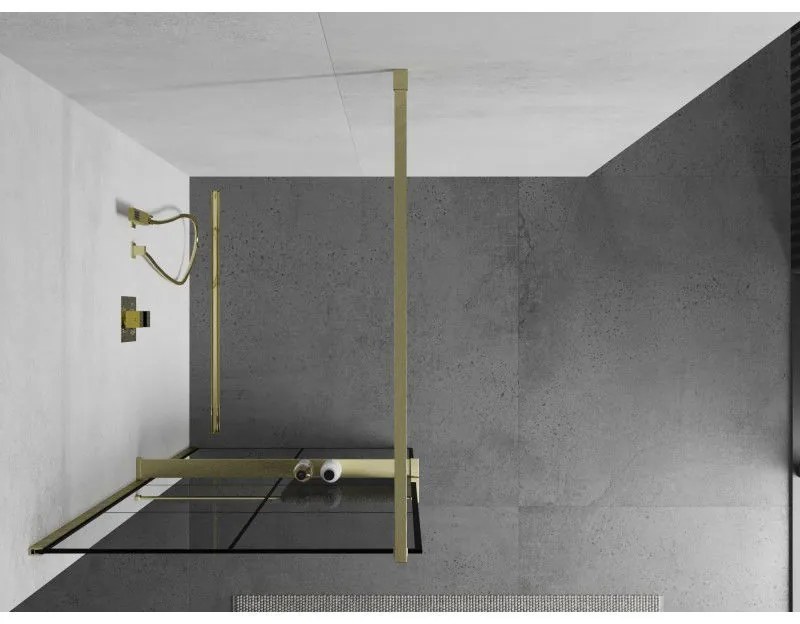 Mexen Kioto+, sprchová zástena Walk-In s poličkou a vešiakom 90 x 200 cm, 8mm číre sklo čierny vzor, zlatý matný profil, 800-090-121-55-77