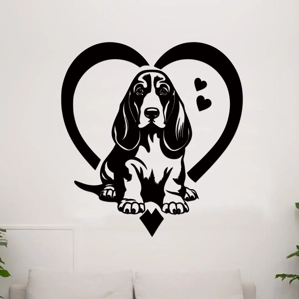 dřevo života Drevená samolepka psa Basset hound v srdci Rozmery - cm: 37x40, Zvoľte farbu dekoru: Čierna