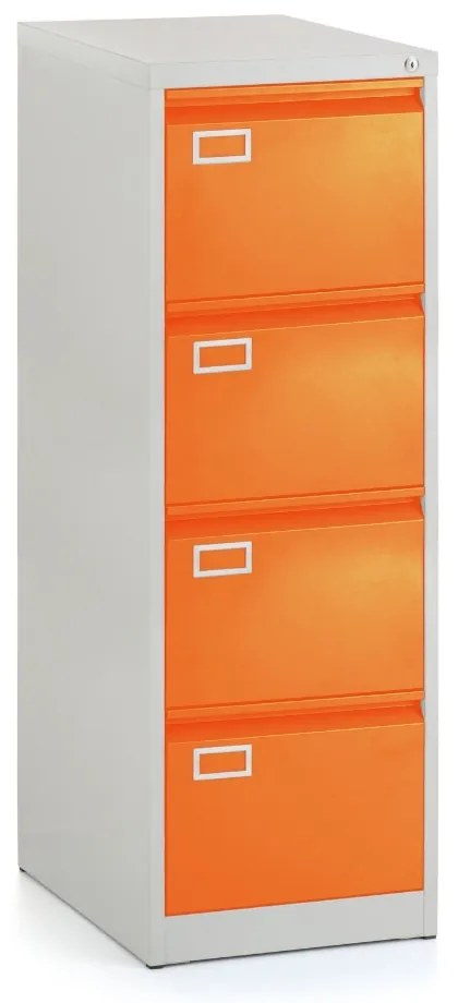 Kovová kartotéka A4 - 4 zásuvky, 45,5 x 62 x 132 cm, cylindrický zámok, oranžová - ral 2004