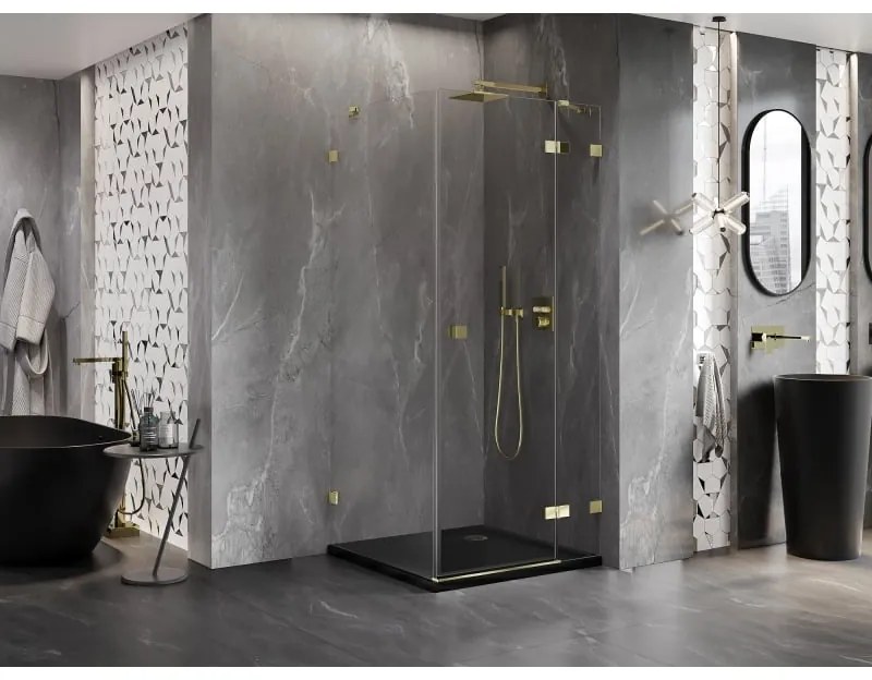 Mexen Lunar, výklopný sprchový kút pravý 80 x 80 cm, 8mm číre sklo, zlatý profil, 834-080-080-50-00-P