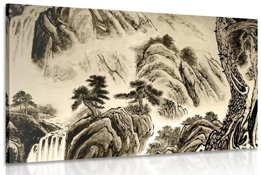 Obraz čínska krajinomaľba v sépiovom prevedení Varianta: 120x80