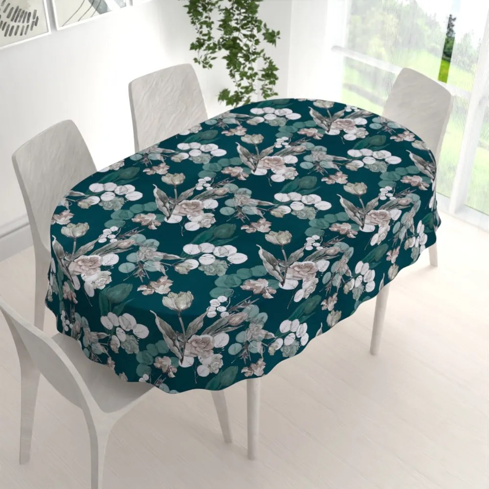 Biante Teflónový oválny obrus TF-058 Kvety s eukalyptom na tmavo zelenom 50x100 cm