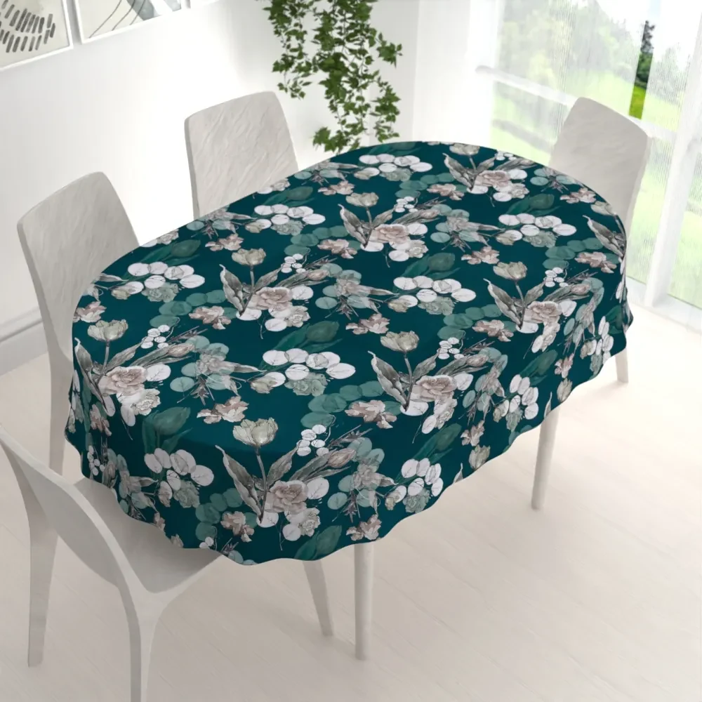 Biante Teflónový oválny obrus TF-058 Kvety s eukalyptom na tmavo zelenom 80x120 cm