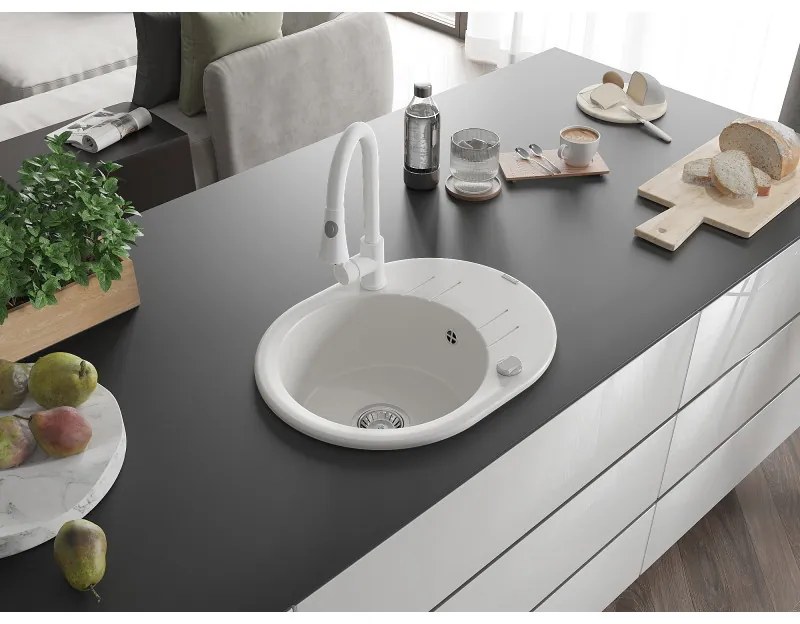 Mexen Kevin, 1-komorový granitový drez 586x458x190 mm a drezová batéria Elia, biela, 6517-20-670101-20