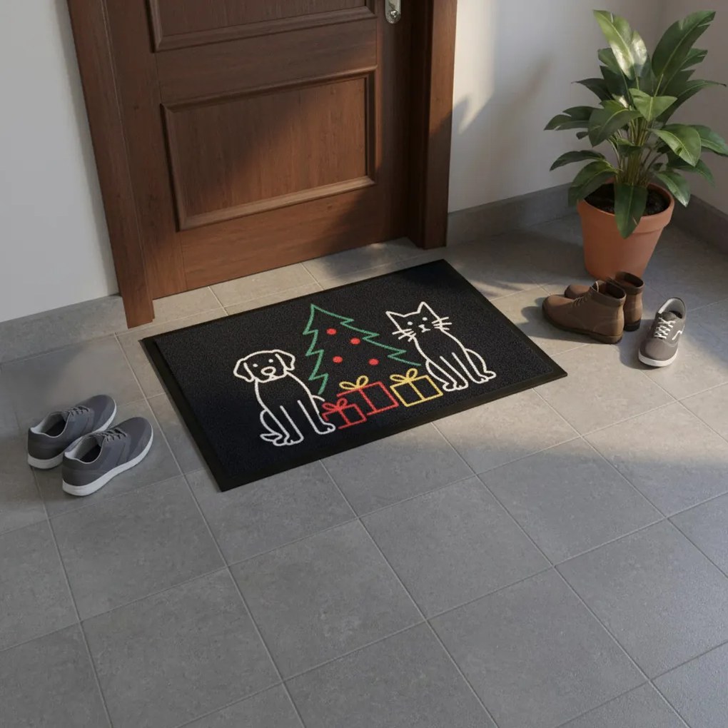 Rohožka Vianoce pri Psíku a mačičky 40x60 cm, 40x60, čierna, Mercury Flooring