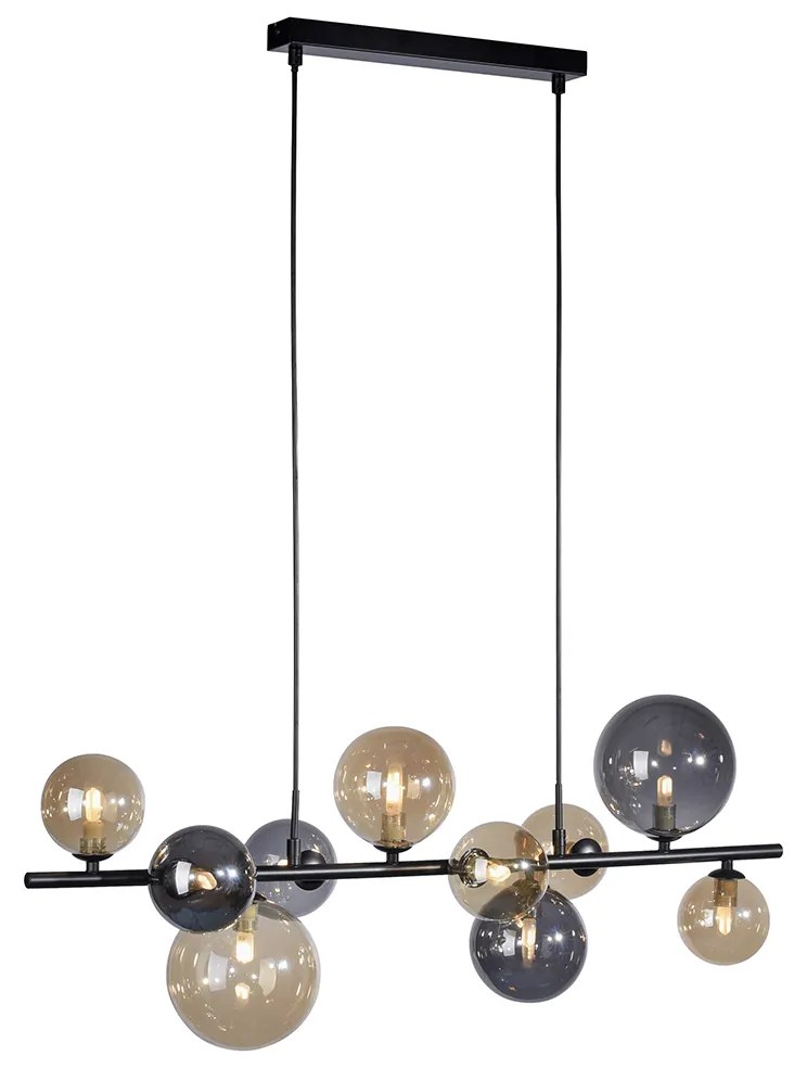 Art Deco závesné svietidlo čierne s dymovým a zlatým 10-svetlovým - Wess