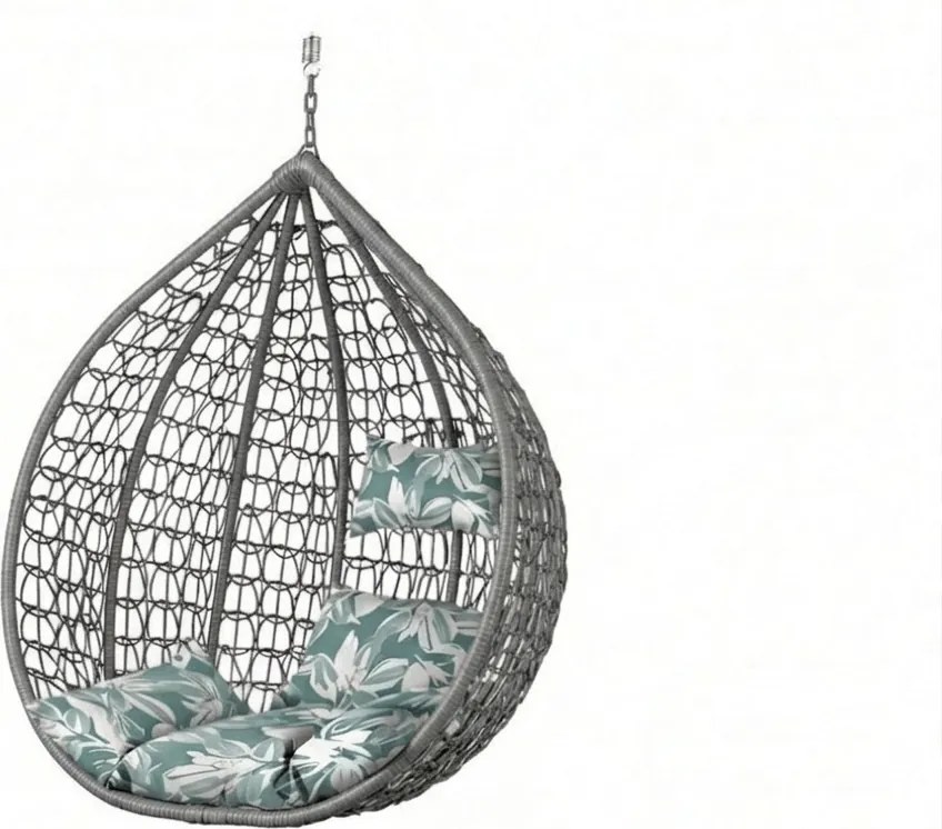 Sivé závesné kreslo KOKON bez stojana, zeleno-biely vankúš