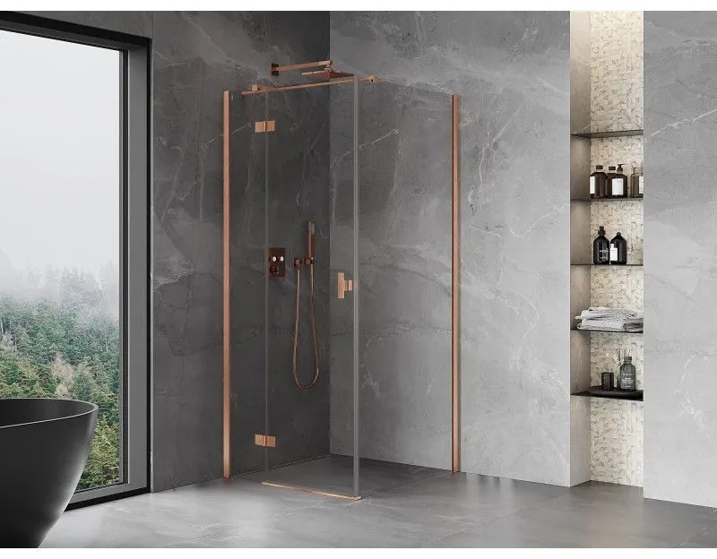 Mexen Mist H T, sprchový kút s výklopnými dverami ľavý 110 x 110 cm, číre sklo, medená matná, 8A5T-110-110-65-00-L