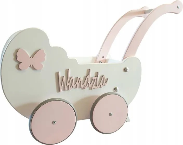 Drevený kočík pre bábiky s dekoráciou biela + ružová