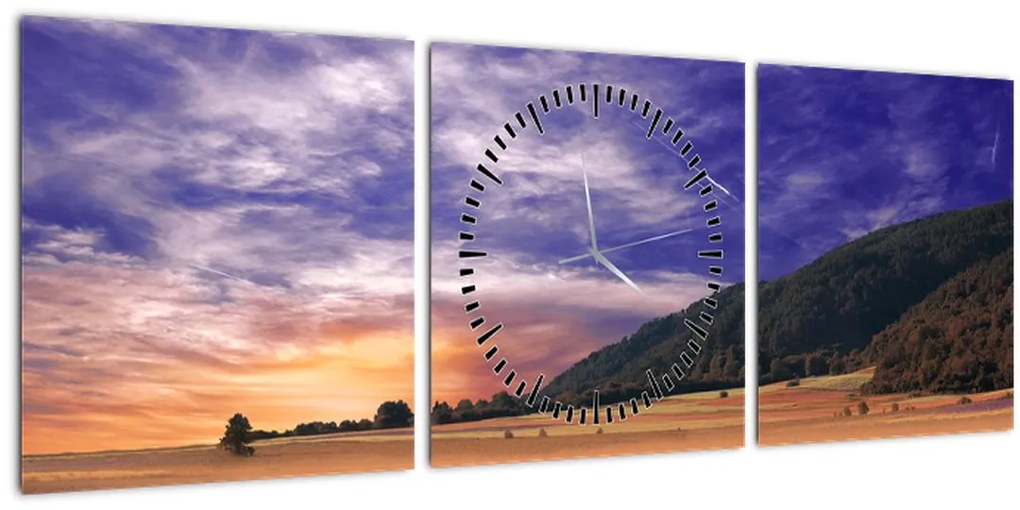 Obraz levanduľovej lúky (s hodinami) (90x30 cm)