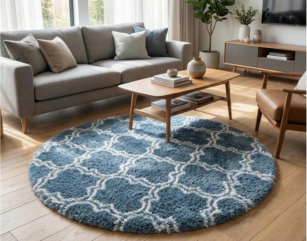 TZ Sivo-modrý okrúhly vzorovaný koberec shaggy Decor Latern Rozmer: 140 cm