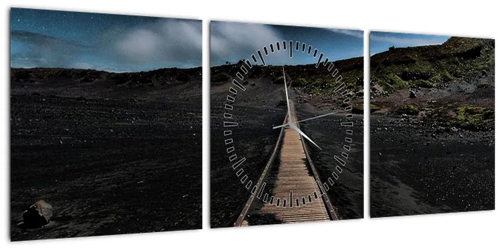 Obraz drevenej cesty za súmraku (s hodinami) (90x30 cm)