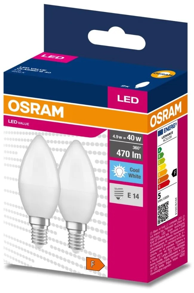 2PAK LED žiarovka E14 B35 4,9W = 40W 470lm 4000K Neutrálna 200° OSRAM VALUE