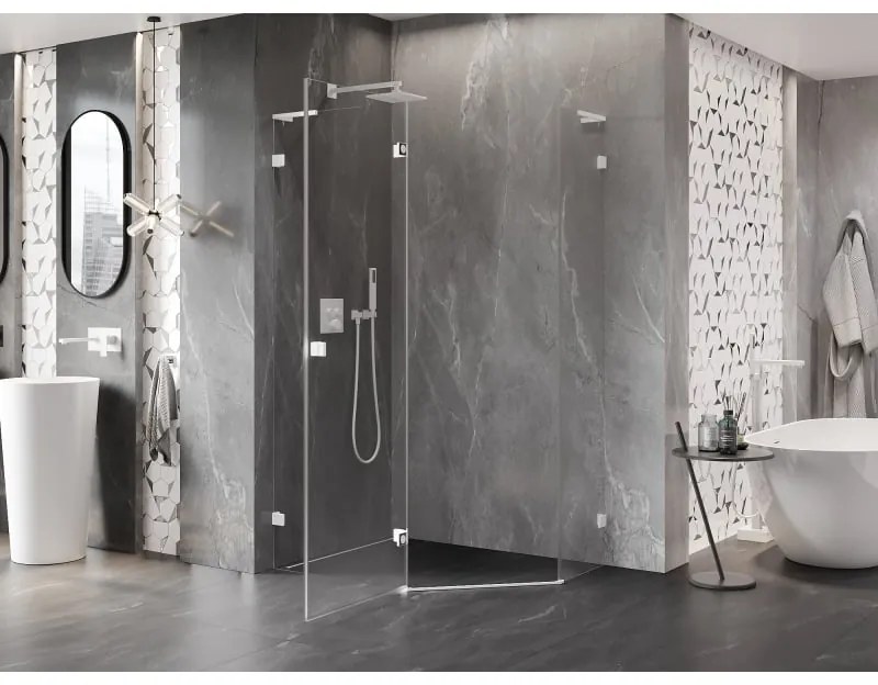 Mexen Lunar, L päťuholníkový sprchový kút naklápací doľava 100 x 90 cm, 8mm číre sklo, biely profil, 831L-100L-090P-20-00-L