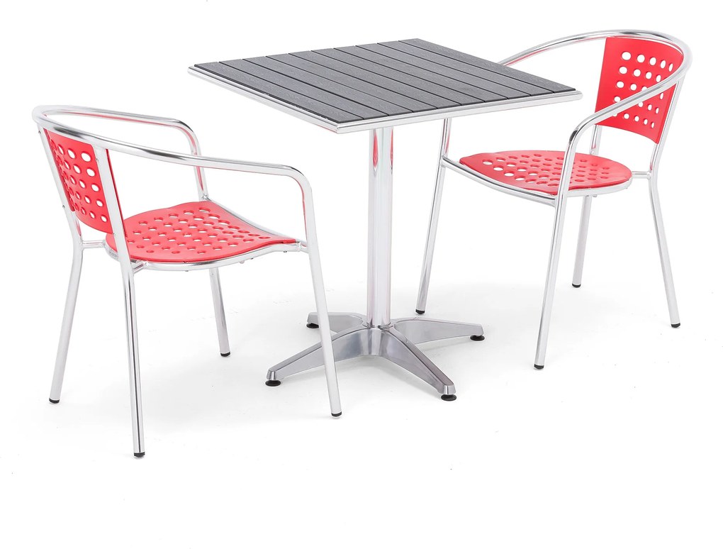 Zostava: Kaviarenský stôl + 2 hliníkové stoličky, červené