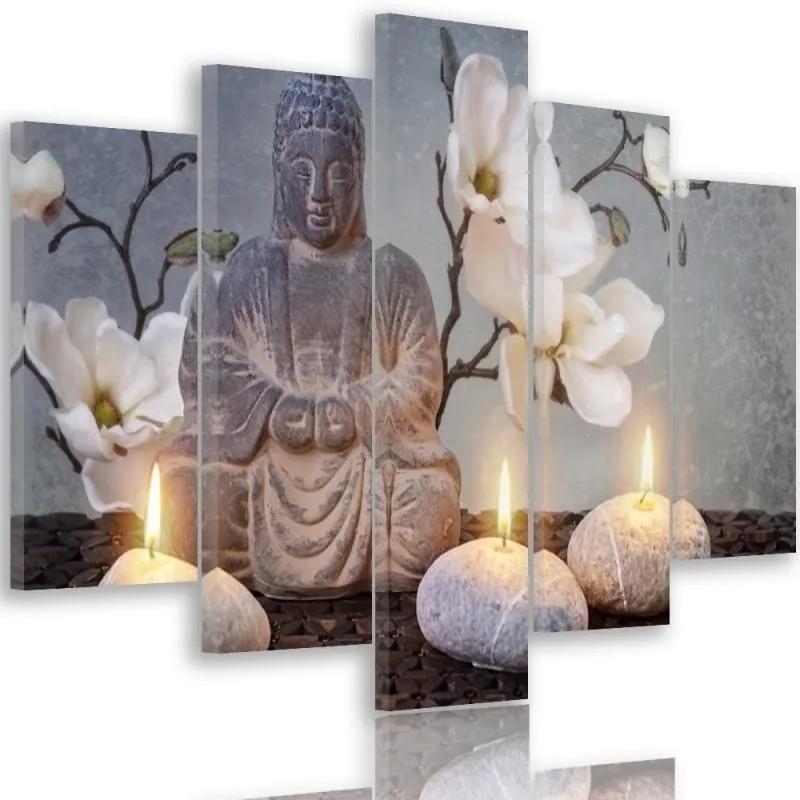 Obraz na plátně pětidílný Buddha Grey Flowers Stone - 200x100 cm