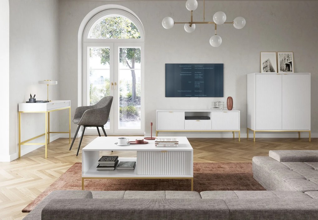 TV STOLÍK VIGGO BIELY + ZLATÝ PODSTAVEC 154 cm