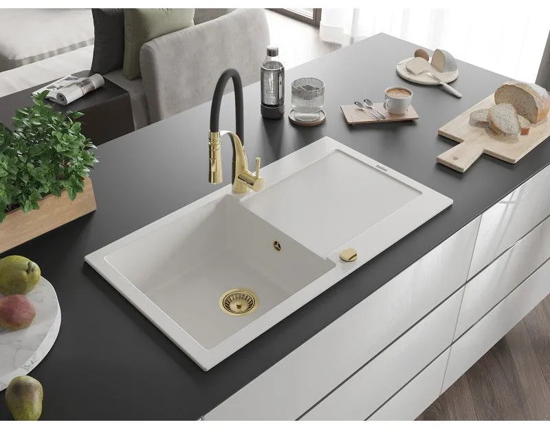 Mexen Leo, granitový drez 900x500x190 mm, 1-komorový a drezová batéria Aster, biela, 6501-20-73450-57-G