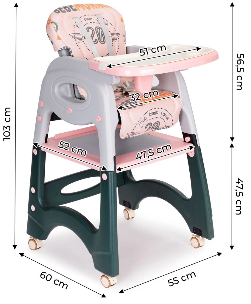 Stolička na kŕmenie 2v1, stolička + stolík pre deti Pink