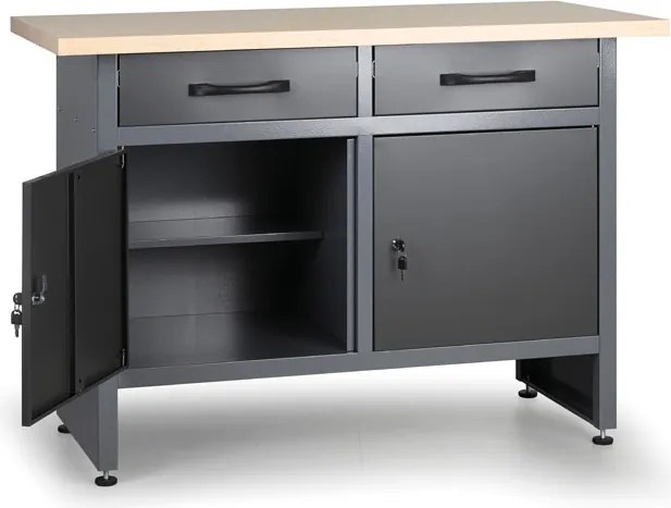 Pracovný stôl do dielne G1, 840 x 1200 x 600 mm, 2 zásuvky, 2 skrinky