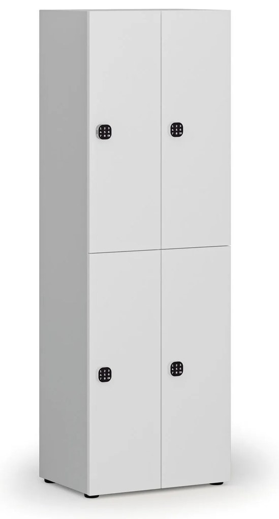 Drevená šatníková skrinka S4 s úložnými boxmi, 4 boxy, demont, kódový zámok, sivá/biela