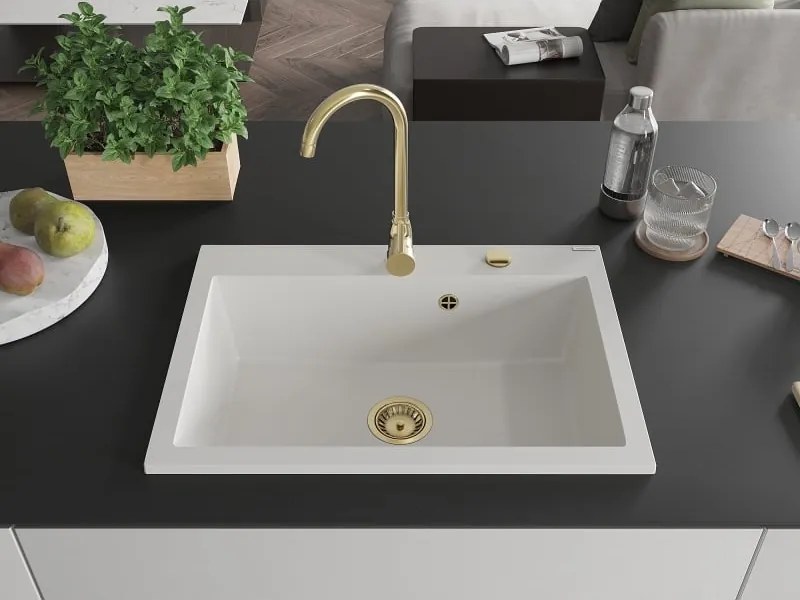 Mexen Elix granitový drez 1-komorový 700 x 500 mm, biely, sifón zlatý - 6526701005-20-G