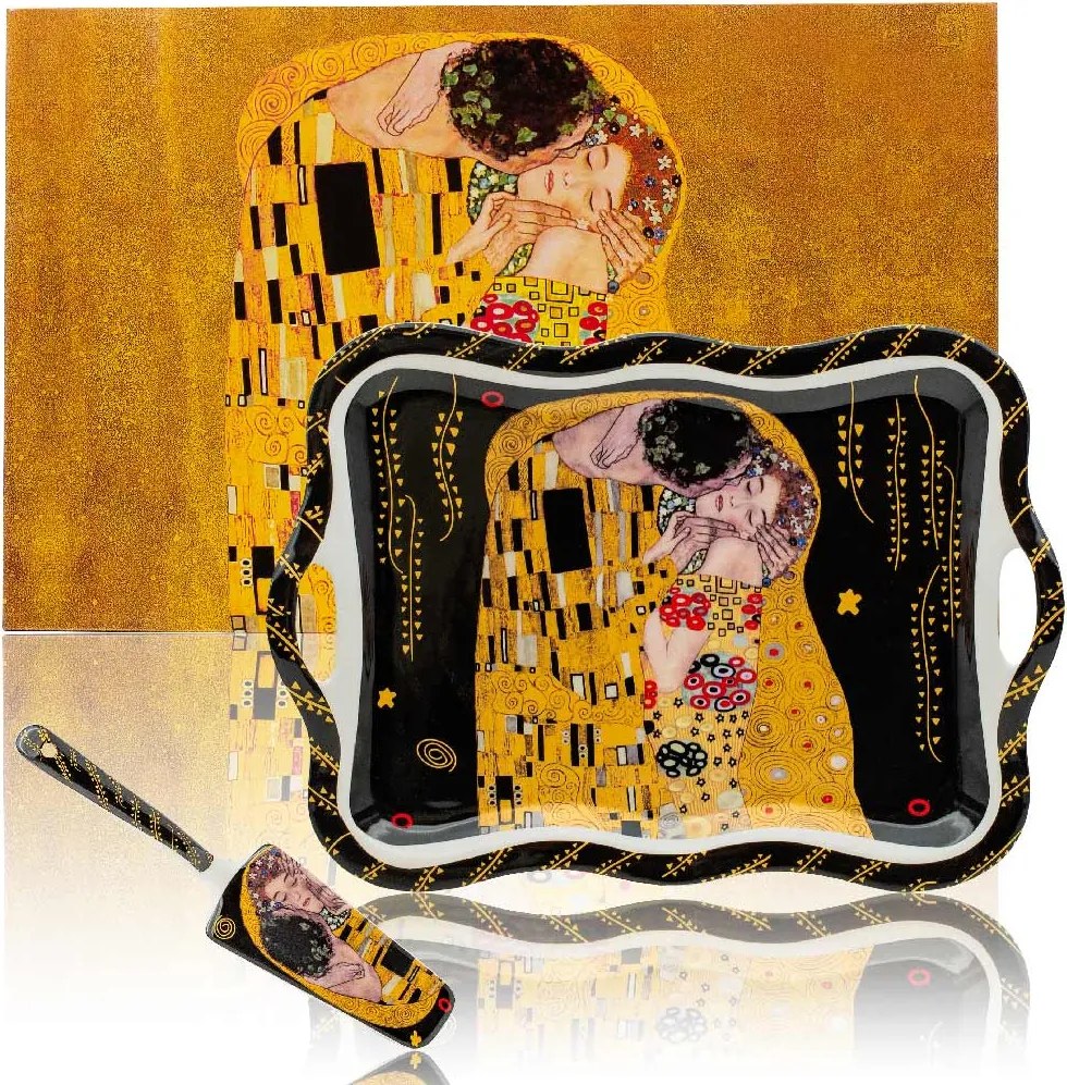HOME ELEMENTS Tortový tanier s náčiním 35 cm, Klimt, Bozk, tmavý