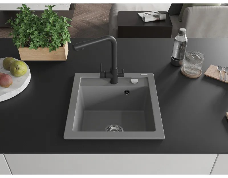 Mexen Vito, 1-komorový granitový drez 520x490x210 mm, čierna matná batéria Duero, šedá, 6503-71-671600-70