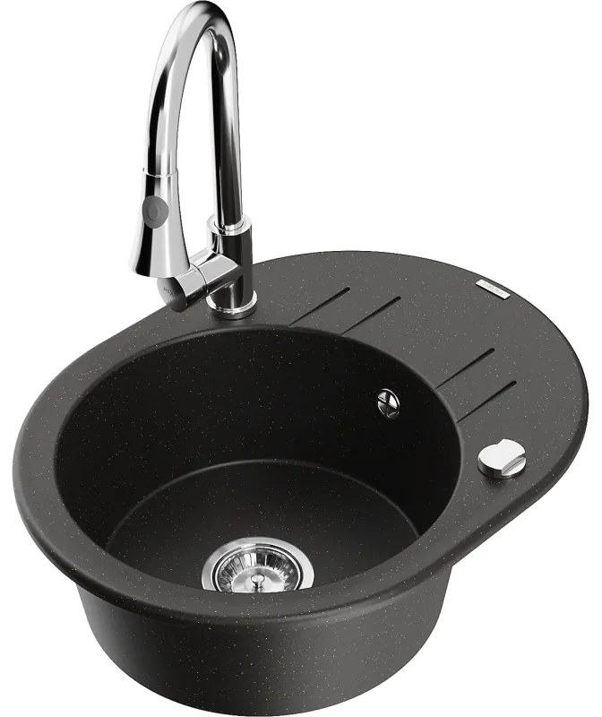 Mexen Kevin, 1-komorový granitový drez 586x458x190 mm a drezová batéria Elia, čierna-zlatá metalíza, 6517-75-670101-00
