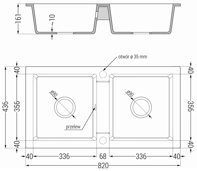 Mexen Mario, 2-komorový granitový drez 820x436x161 mm a čierna drezová batéria Telma, čierna-strieborná metalíza, 6504-73-670200-70-B