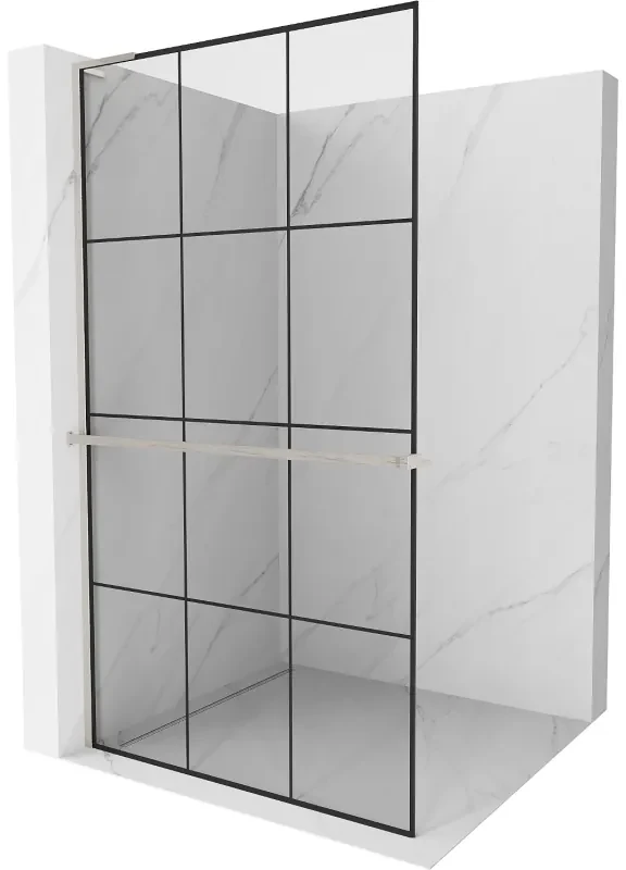 Mexen Kioto+ L, sprchová zástena Walk-In s poličkou a vešiakom 110 x 200 cm, 8mm číre sklo čierny vzor, brúsená oceľ profil, 800-110-123-97-77