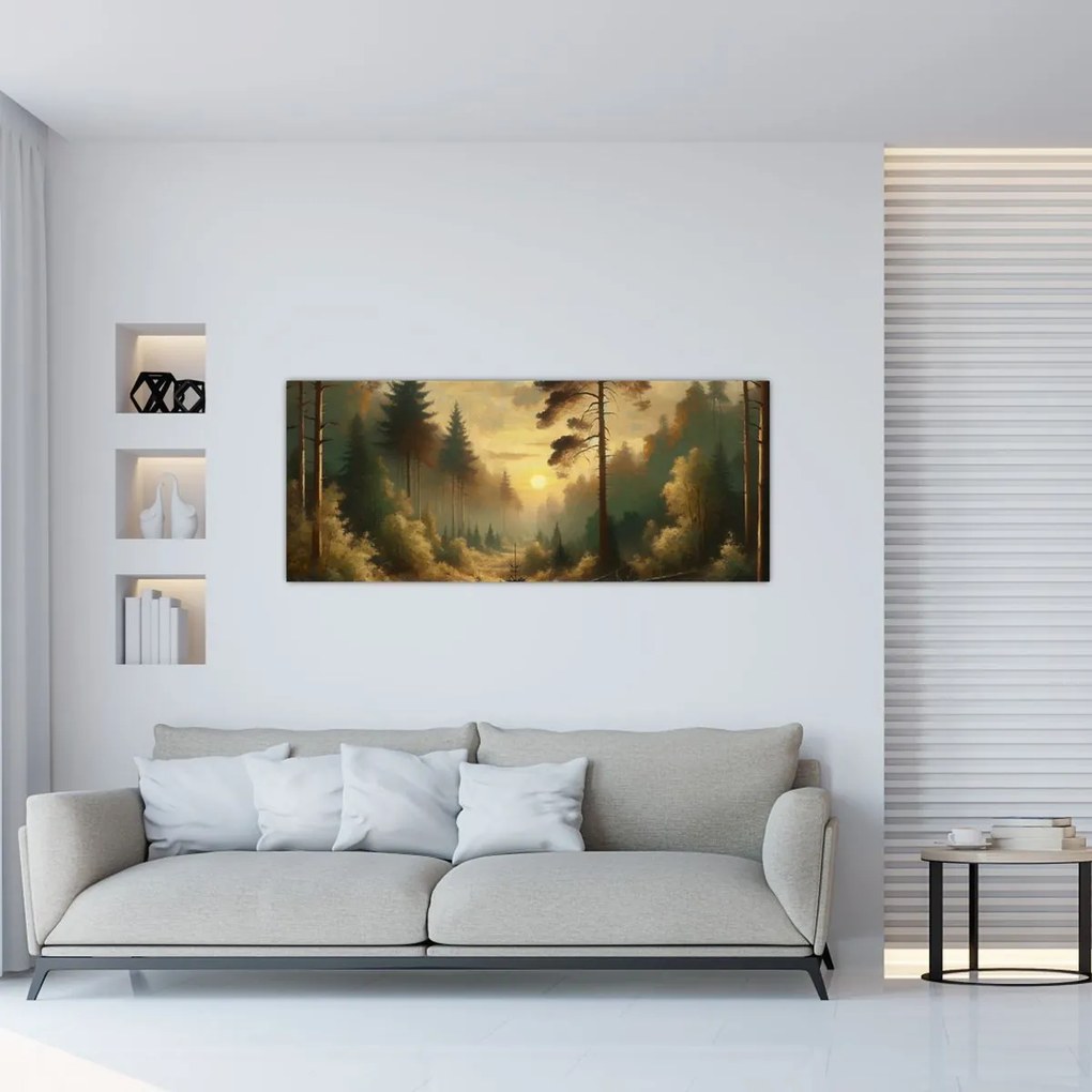 Obraz - Slnko žiariace lesom (120x50 cm)
