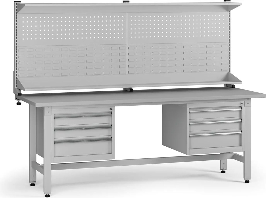 Výškovo nastaviteľný dielenský stôl G5 s nadstavbou, 2100 x 750 x 800-1000 mm, 2x kontajner, 6 zásuviek, sivá