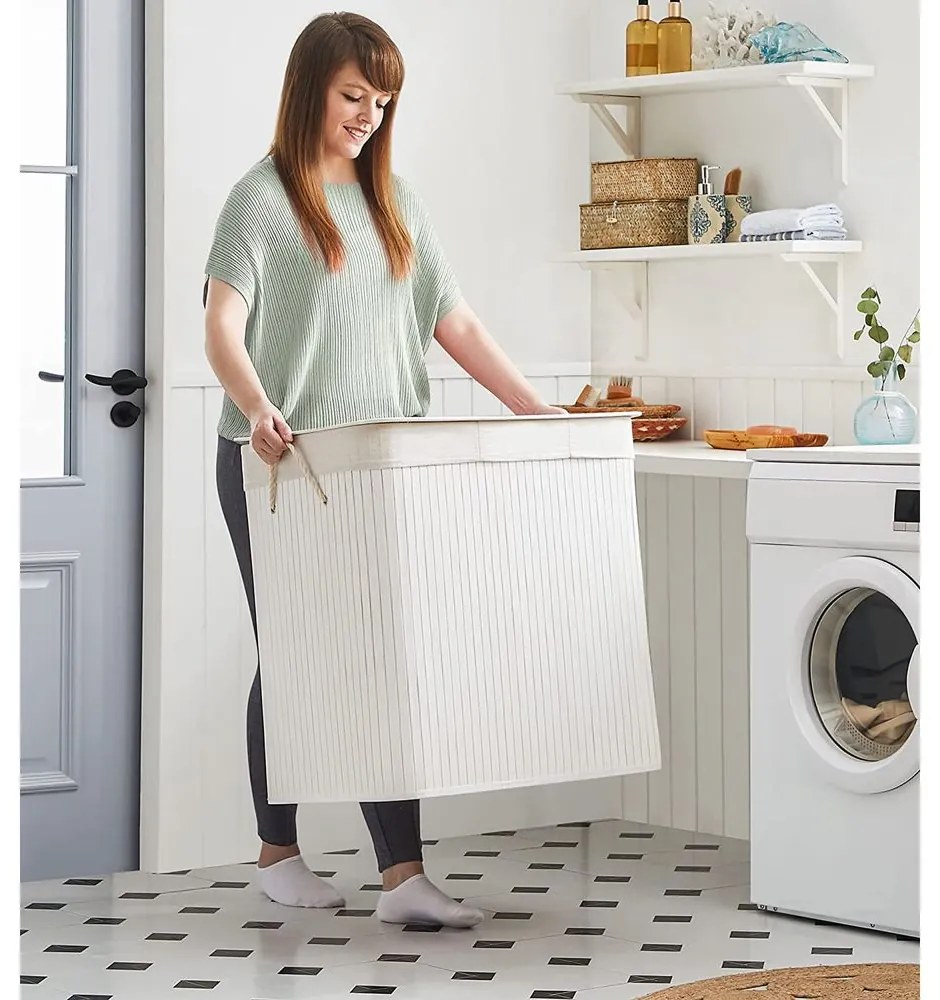 SongmicsHome Bambusový kôš na bielizeň GITA, 150 l, biela