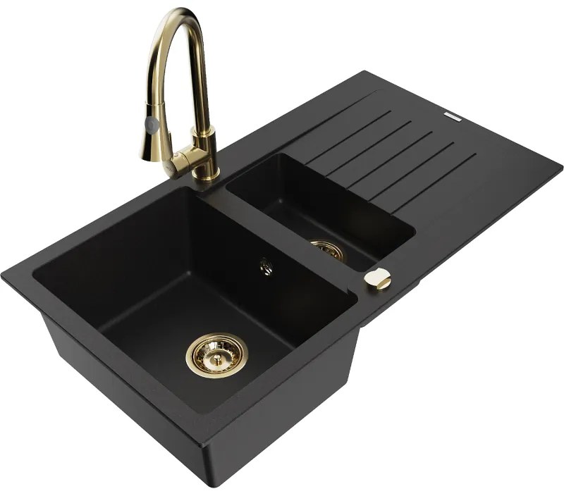 Mexen Matias, 1,5-komorový granitový drez 900x505x200 mm a drezová batéria Elia, čierna, 6502-77-670101-50