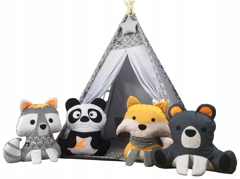 Detský stan TEEPEE (TÍPÍ) LUXURY s doplnkami - ZVIERACIA PARTIČKA - sivý