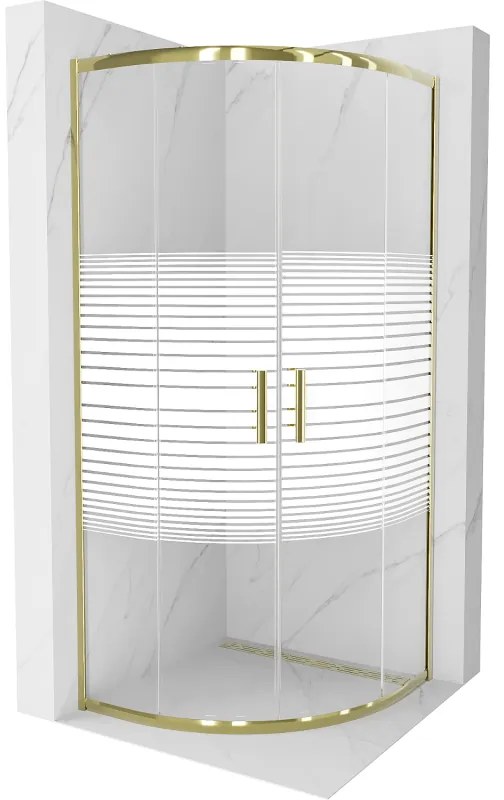 Mexen Rio, štvrťkruhový sprchovací kút s posuvnými dverami 70(dvere) x 70(dvere) x 190 cm, 6mm číre sklo s pásikmi, zlatý lesklý profil, 863-070-070-50-20