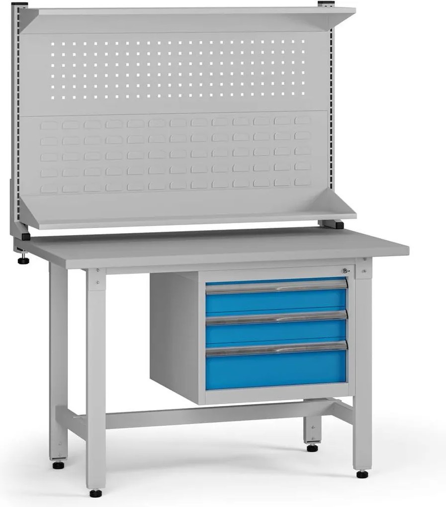 Výškovo nastaviteľný dielenský stôl G5 s nadstavbou, 1200 x 750 x 800-1000 mm, 1x kontajner, 3 zásuvky, modrá